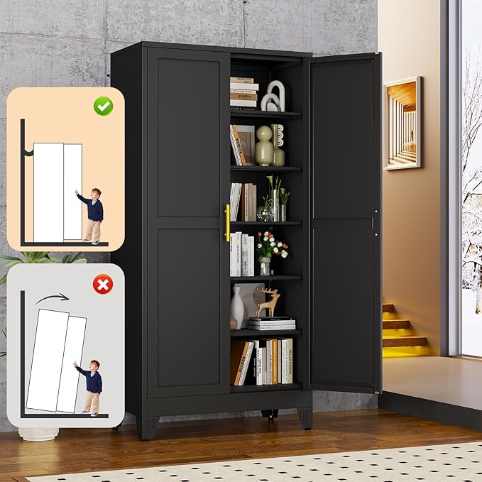 Black Metal Storage Cabinet,75" Steel Cabinets for Home Office, Kitchen Pantry Storage Cabinet with Doors and 5 Adjustable Shelves, Tool Cabinets, for Office, Home, Garage, School, 36W