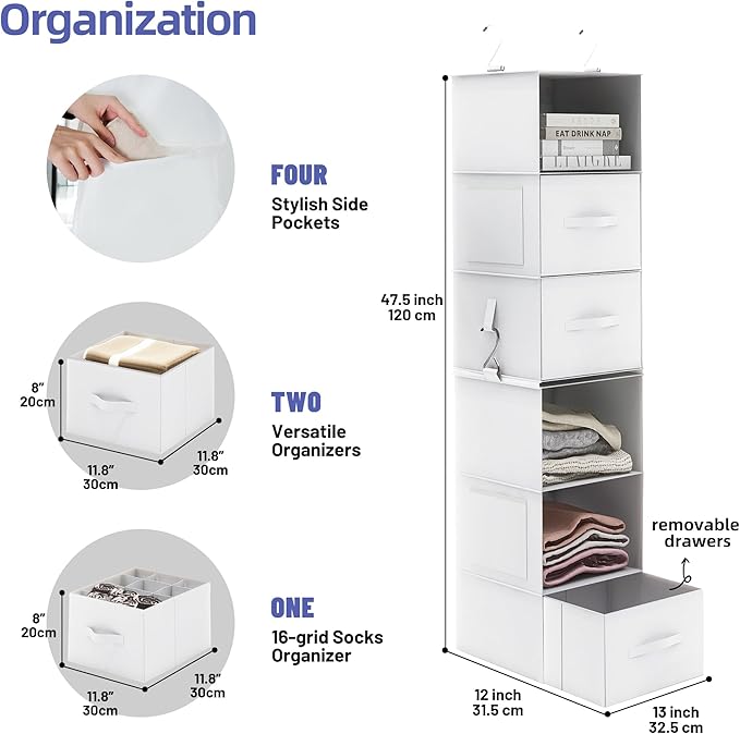 Twira 6-Shelf Hanging Closet Organizer, 2 Separable 3-Shelf Hanging Shelves, Hanging Storage with 3 Removanle Drawers 4 Side Pockets for Wardrobe, Nursery, Drom, Baby Clothes Organization White