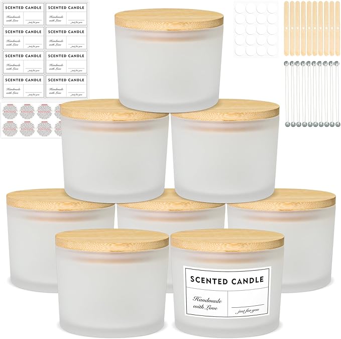 SUPMIND 12oz Large Frosted Glass Jars 8 Pack With Bamboo Lids and Wick Kit, 2/3 Wide Mouth Container for Candle Making, Ideal for Business Owners