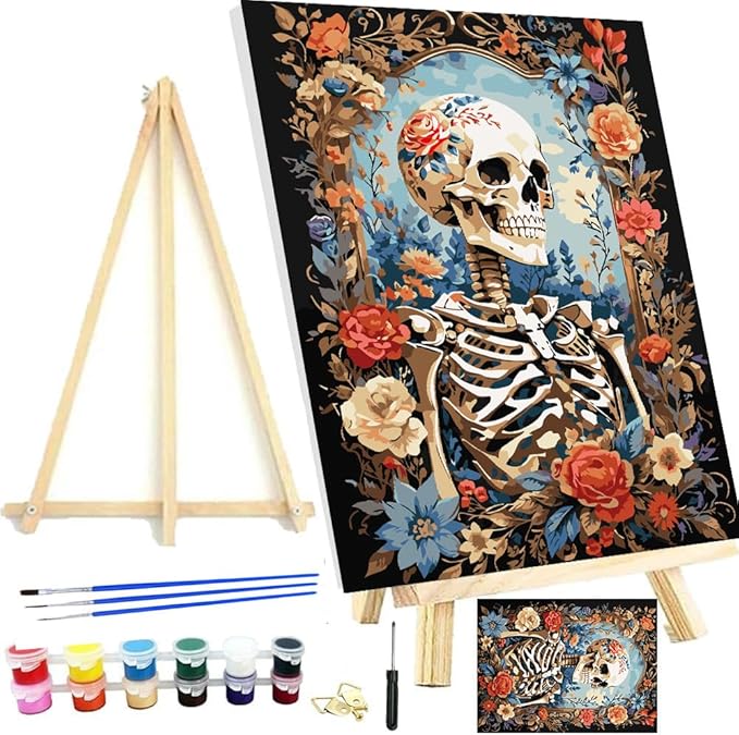 Meothan Paint by Numbers Kits for Adults, Skull Paint by Number for Adults Beginners, Flowers Paint by Numbers Kits on Canvas with Framed and Easel for Home Wall Decor 11.8x15.7inch (30x40cm)