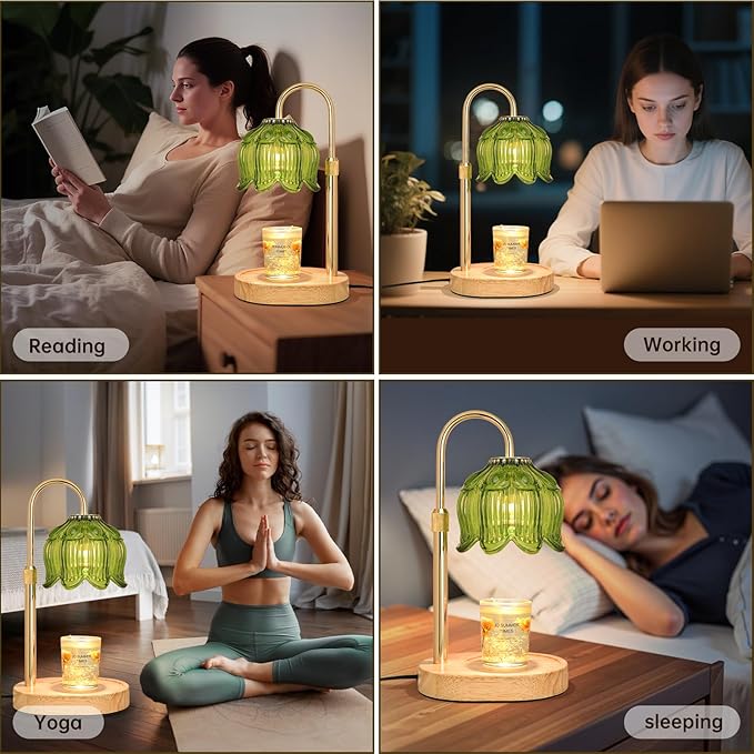 Flower Candle Warmer Lamp for Jar Candles with Timer & Dimmer, Adjustable Height Fits Large Jars up to 7.08" Tall, Flameless Wax Warmer, Cozy Bedroom Home Decor, Gift for Mom Women Green-01
