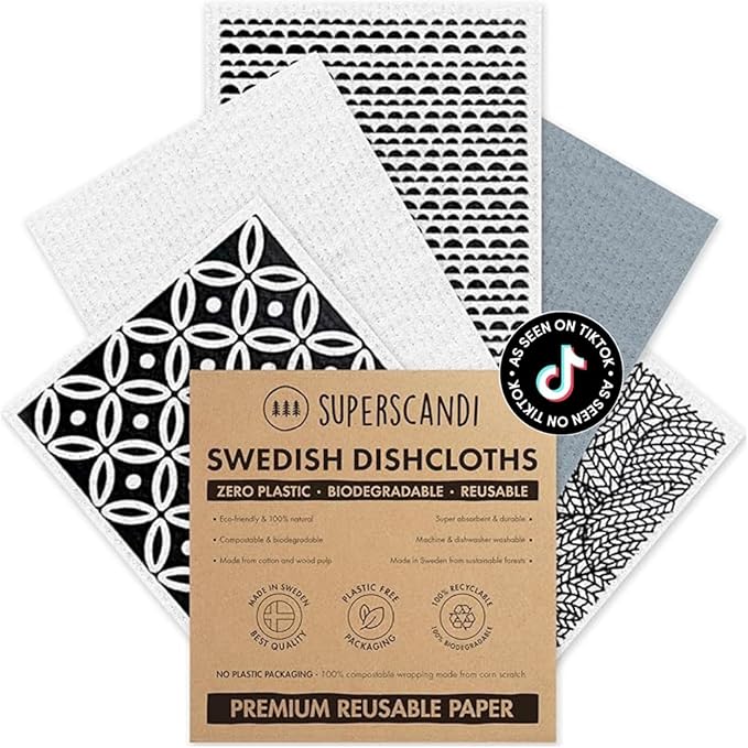 SUPERSCANDI 5 Pack Swedish Dishcloths for Kitchen - 100% Biodegradable & Compostable, Reusable Paper Towels Washable, Food-Safe & Without Plastic - Dish Rags Suitable for Any Surface, Scandi White