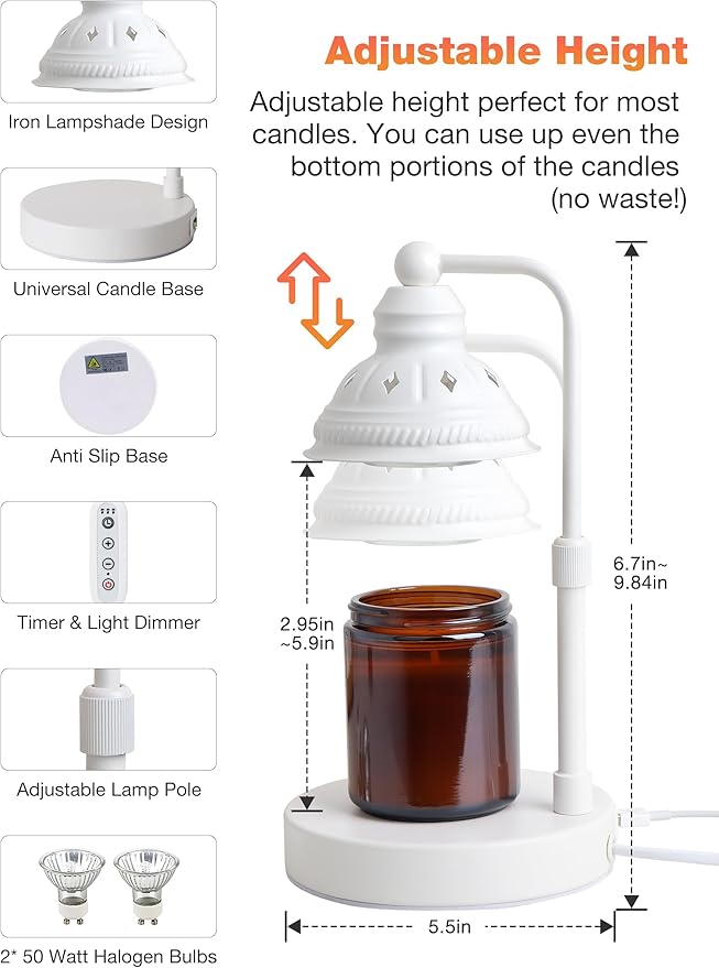 Candle Warming Lamp With Timer, Dimmer, Height Adjustment, USB Charger - Scented Bedroom Home Decor Gift for Women (White)