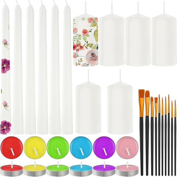 Conelist 72 Pcs DIY Candle Painting Kit Include 12 White Pillar Taper Candles 60 Colored Tealight Candles and Paint Brushes for Crafts Birthday Wedding Tea Party Party Favors