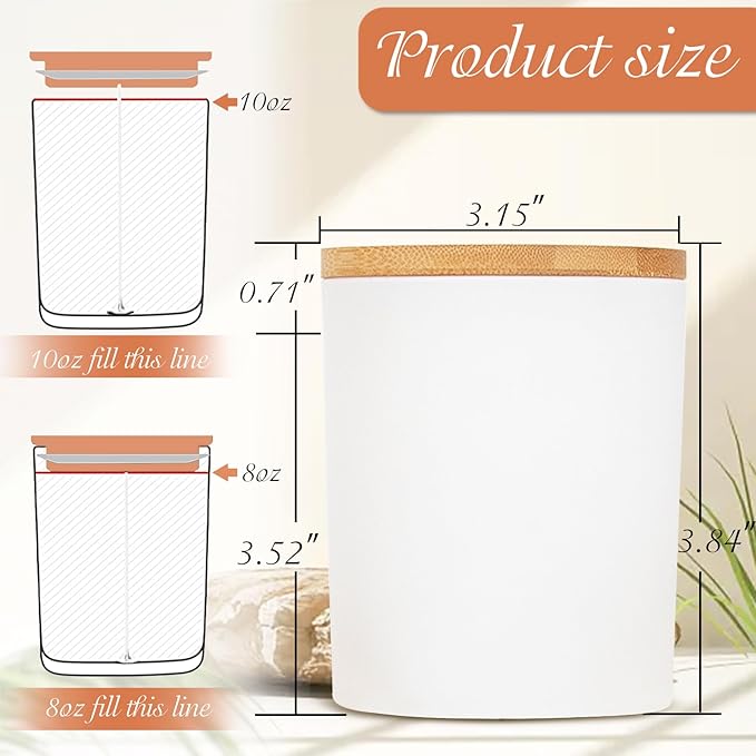 CONNOO 12 Pack 10 OZ White Glass Candle Jars for Making Candles with Airtight Bamboo Lids Nice Sticky Warning Labels for Candle Making Empty Container Bulk - Dishwasher Safe