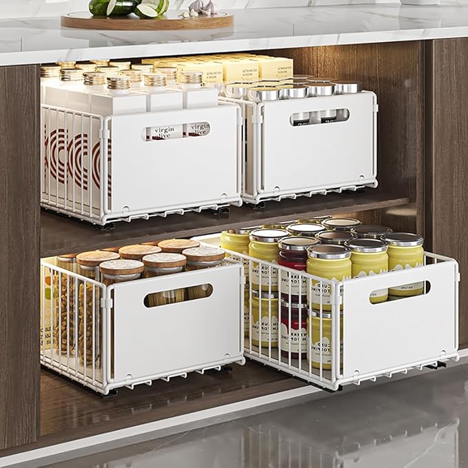 YunNasi Pull Out Cabinet Organizer Slide Out Drawer Storage Shelves Cupboard Organiser Sliding Cabinet Basket for Kitchen No Drilling and Nailing (White, 2Piece 9.8" W X15 D X 7.5" H)