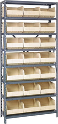 Quantum 1275-445IV Heavy Duty Shelving Unit with (8) Shelves and (21) SSB445 Ivory Bins for Garage Warehouse Storage Distribution | 400 lb Load Capacity | 12"D x 36"L x 75"H, Galvanized Carbon Steel
