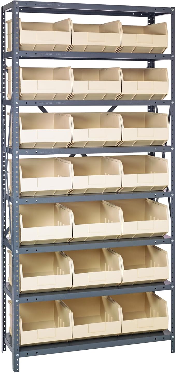 Quantum 1275-445IV Heavy Duty Shelving Unit with (8) Shelves and (21) SSB445 Ivory Bins for Garage Warehouse Storage Distribution | 400 lb Load Capacity | 12"D x 36"L x 75"H, Galvanized Carbon Steel