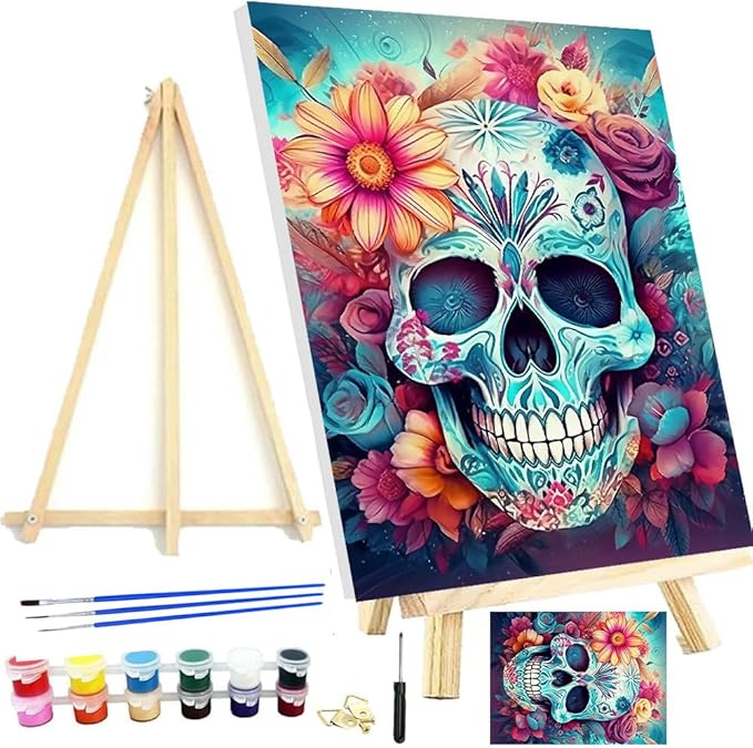 Meothan Paint by Numbers Kits for Adults, Skull Flowers Paint by Numbers Kits on Canvas, with Framed and Easel for Home Wall Decor 12x16inch