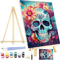 Meothan Paint by Numbers Kits for Adults, Skull Flowers Paint by Numbers Kits on Canvas, with Framed and Easel for Home Wall Decor 12x16inch