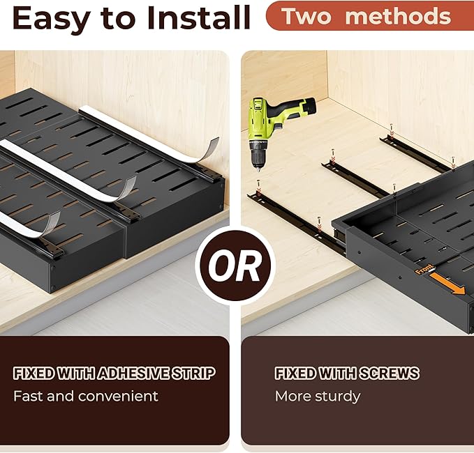 2 Pack Pull Out Cabinet Organizer, Drawers Slide Out Expandable Width (10"-15") and Depth (11"-17") With 3 Slides, Fixed with Adhesive Film and Nail for Cabinets in Kitchen, Pantry or Bathroom - Black