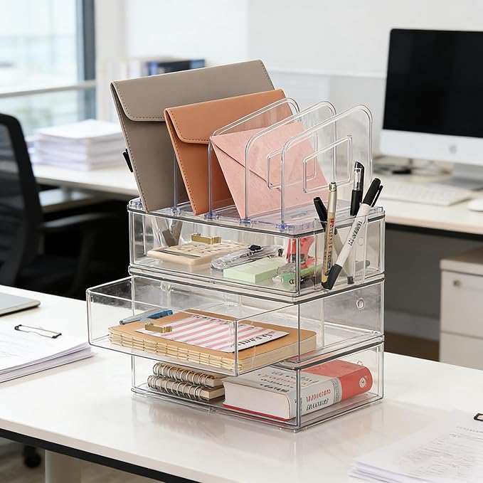 LALOBLUE Acrylic Desk Organizer with 4-Vertical File Holder Rack, 3-Clear Drawer and 2 Pen Holders, Desktop Storage for Office Desk Accessories School Classroom Organization (Clear)