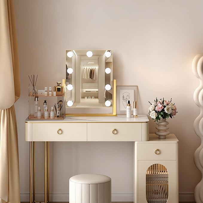 Ratsamee Gold Hollywood Vanity Mirror with Lights, 9 Dimmable Bulbs, 3 Color Lights,Make Up Lighted Mirror, 10x Magnification 360°Rotation(12" x 14")