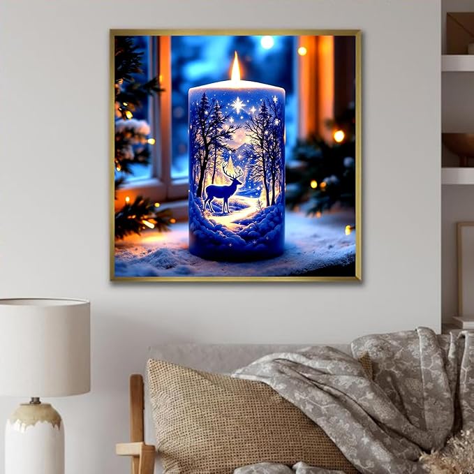 KINPLUB Christmas Winter Candle Diamond Painting Kits for Adults Beginners, Candle Forest Deer Diamond Art Kits for Adults, DIY Full Drill Round Gem Art Dots for Home Wall Decor 12x12 Inch