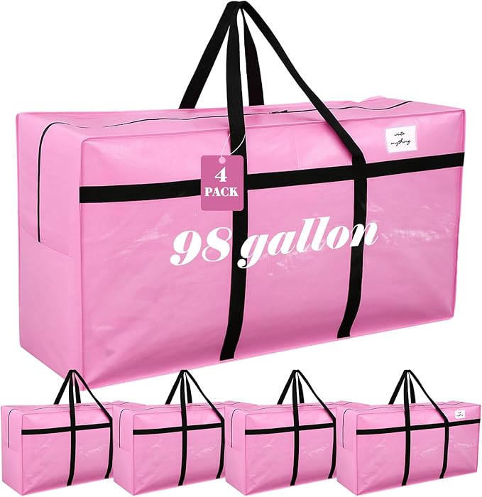 Windyun 4 Pack 98 Gallon Extra Large Moving Bags XXL Heavy Duty Storage Bag with Strong Zipper Handle Jumbo Big Tote Box Foldable for College Dorm Travel Clothes Duffle Blanket Pillow(Pink)