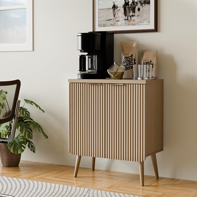 Sideboard Buffet Cabinet with Storage, Modern Fluted Accent Credenza with 2 Doors, Buffet Table Media Console Cabinet Entryway Cabinets for Living Room Kitchen Dining Room Bathroom, Natual Oak