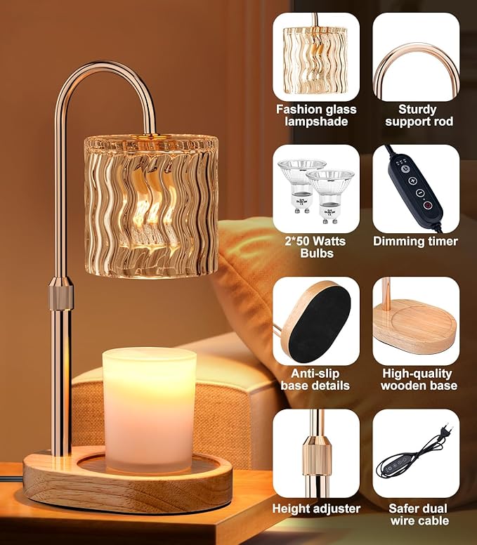 Candle Warmer Lamp Electric: Dimmable Timer Candles Warming Lamps - Height Adjustable Burner Jar - No Flame Scented Melts Wax - All Candle Jars Table Light Home Decor