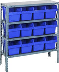 Quantum 1239-SB807BL Heavy Duty Shelving Unit with (4) Shelves and (12) QSB807 Blue Bins for Warehouse Storage Distribution | 400 lbs Capacity per Shelf | 12"D x 36"L x 39"H, Galvanized Steel Finish