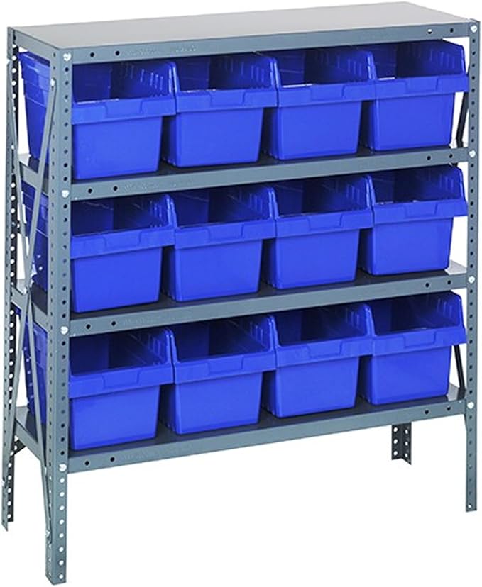 Quantum 1239-SB807BL Heavy Duty Shelving Unit with (4) Shelves and (12) QSB807 Blue Bins for Warehouse Storage Distribution | 400 lbs Capacity per Shelf | 12"D x 36"L x 39"H, Galvanized Steel Finish