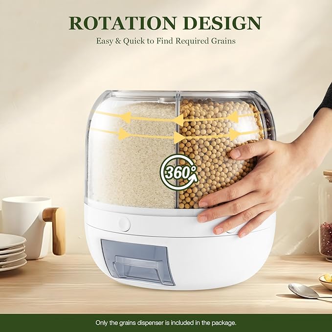 Rotating Dry Storage 6 Grid Cereal Storage Container Dispenser Countertop, Grain Organizer and Dispenser Round 360 Food Rotating Dispenser for Store Rice, Red Beans, Yellow Beans