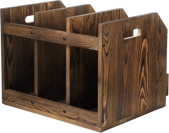 MyGift Office Desktop Document File Folder Rustic Burnt Brown Wood Binder Storage Organizer Rack with 3 Compartments and Chalkboard Labels