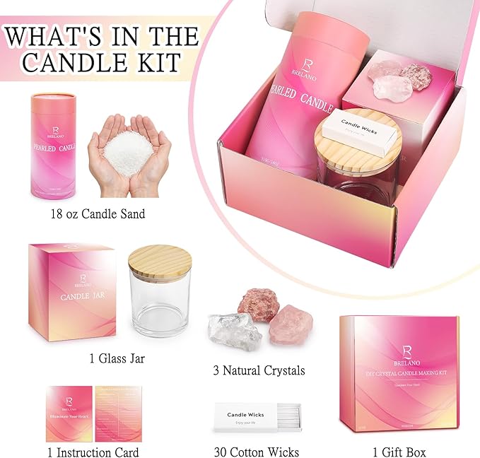 BRELANO Crystal Candle Making Kit – No-Melt Pearled Candle Sand, 18 oz Sand Wax, 30 Cotton Wicks, 3 Natural Crystals & Glass Jar – DIY Candle Gift Set for Women & Home Decor