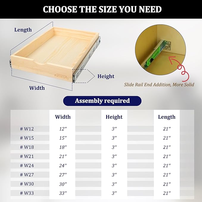 Kitchen Cabinet Organizer, Fully Assembled Drawer Wood Pull Out Tray Drawer Box Cabinet Slide Out Shelve, Wooden Pull-Out Shelf (W18''×D21''×H3'')
