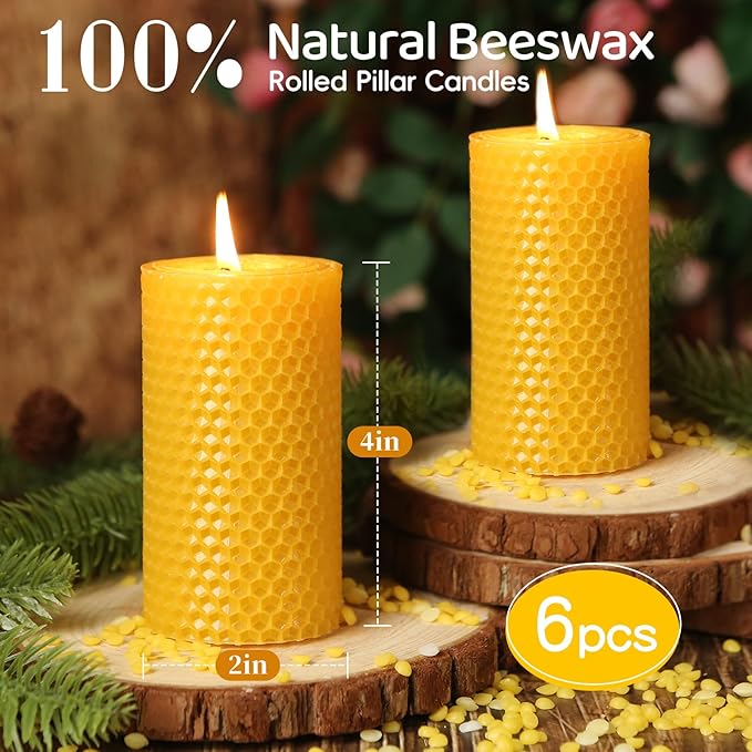 6 Pack Natural Beeswax Pillar Candles,Handmade Pure Beeswax Rolled Candles-120 Hours Long Burning,Honeycomb Bees Wax Candle for Home, Prayer,Dripless Smokeless Unscented Pillar Candle 2x4in