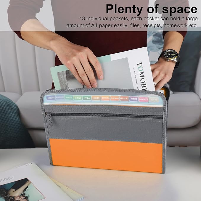 NAFY Expanding File Folder, 13 Pockets Document Organizer with Zipper, A4 Letter Size Portable Accordion Expanding File Folders with 27pcs Multicolor Labels for Home Office School Supplies (Orange)
