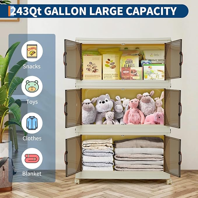 Garvee 243QT Stackable Storage Bins, Plastic Bins for Storage with Lids, Plastic Storages Drawers with Magnetic Doors & Wheels, Foldable Collapsible Closet Organizers for Home, Dorm, Office, White