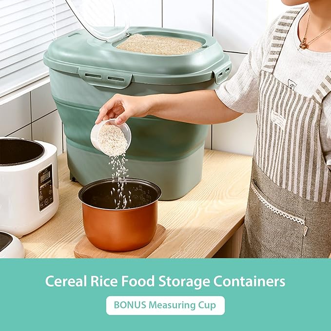 Rice Storage Container, Foldable Airtight Cereal Food Storage Containers 20 to 50 Lbs with Measuring Cup & Wheels, Dry Food Flour Sugar Storage Container Large Kitchen Pantry Holder, Green