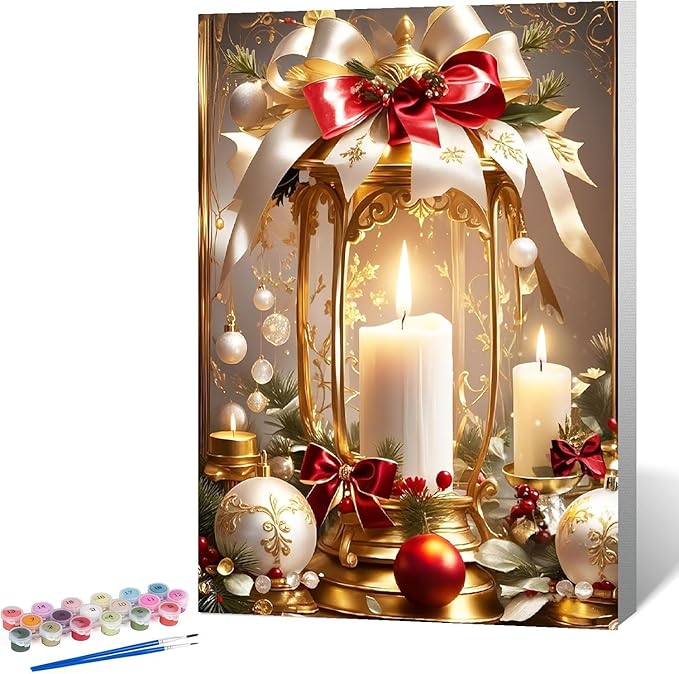 VIGEGU Christmas Paint by Numbers Kit for Adults with Framed,Candle Paint by Number DIY Adult Paint by Number Kits for Wall Decor 10x12in