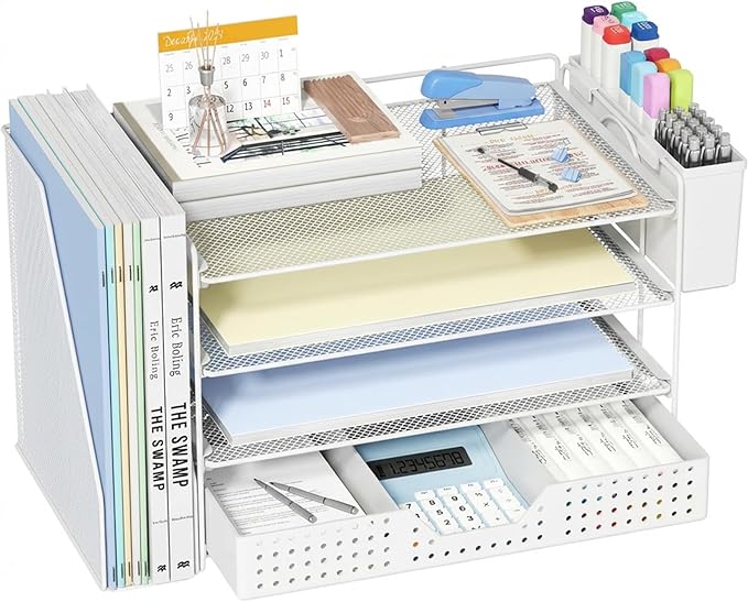 ECOLOVI Desk Organizer, 4-Tier Paper Organizer Letter Tray with File Holder, Drawer and 2 Pen Holders, Desktop File Organizer for Office Supplies, Workspace Storage, White