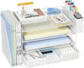 ECOLOVI Desk Organizer, 4-Tier Paper Organizer Letter Tray with File Holder, Drawer and 2 Pen Holders, Desktop File Organizer for Office Supplies, Workspace Storage, White