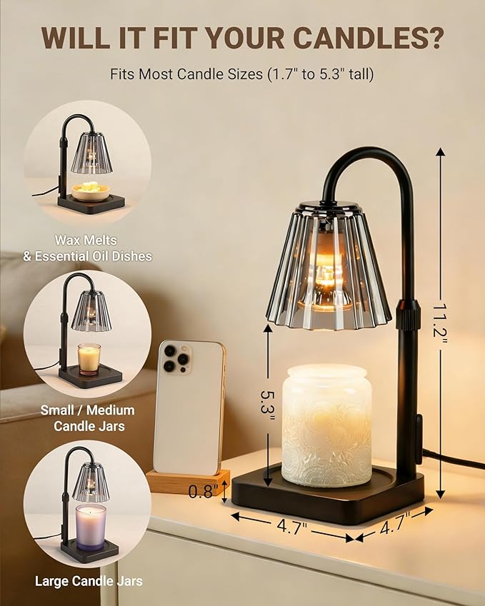 Candle Warmer Lamp with Timer & Dimmer, Birthday Gifts for Women Mothers Day, Height Adjustable Shatterproof Electric Wax Melt Warmer for Jar Candles, Modern Candle Lamp for Home Decor, With 2 Bulbs