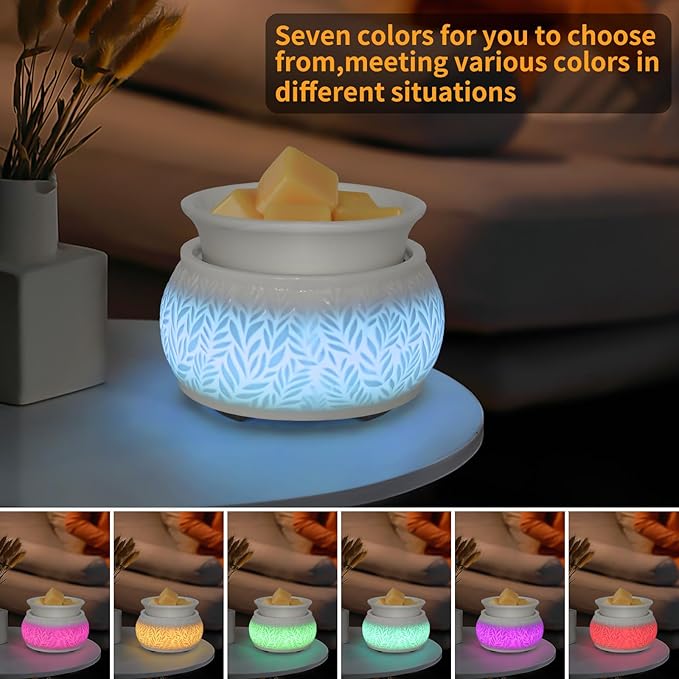 Ceramic Wax Melt Warmer for Scented Wax Warmer 3-in-1 Electric Fragrance Candle Warmer Lamp with 7 Colors LED Light for Mothers Day Birthday Gifts for Women Daughter Girl Home Office Deco(White-01)