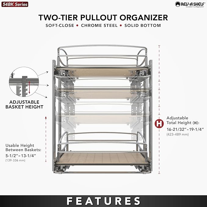 Rev-A-Shelf 2 Tier Pull Out Kitchen Cabinet Storage Organizer with Solid Bottom & Undermount Soft-Close Full Extension Slides, 54BK-21SC-2-1