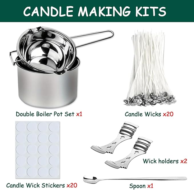 DIY Candle Making Kit for Adults Beginners for Melting Chocolate, Soap, Wax, Includes Double Boiler Pot Set, Candle Wicks, Wick Stickers, Wick Holders, Spoon
