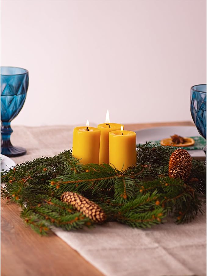 CANDWAX Pure Beeswax Pillar Candles 1.8x3 inch Set of 3-25 Hours Burning Handmade Yellow Candles - Smokeless Pure Bees Wax Candle Home Décor