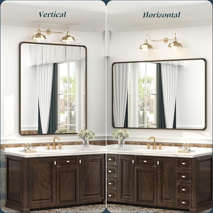 OKPAL 60x36 Bathroom Vanity Mirror for Wall, Large Bronze Framed Mirror with Brushed Metal Frame, Rounded Bronze Rectangle Mirror, Shatterproof, Anti-Rust (Horizontal/Vertical)