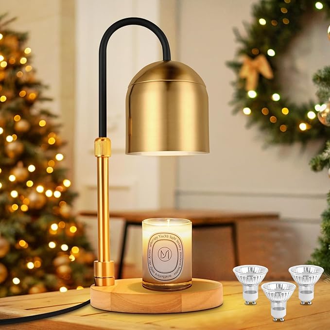 Candle Warmer Lamp Dimmable with Timer and 3 Bulbs, Adjustable Height & Brightness, Electric Candle Wax Warmer for Jar Candles, House Warming Gifts New Home Decor (Round Gold)