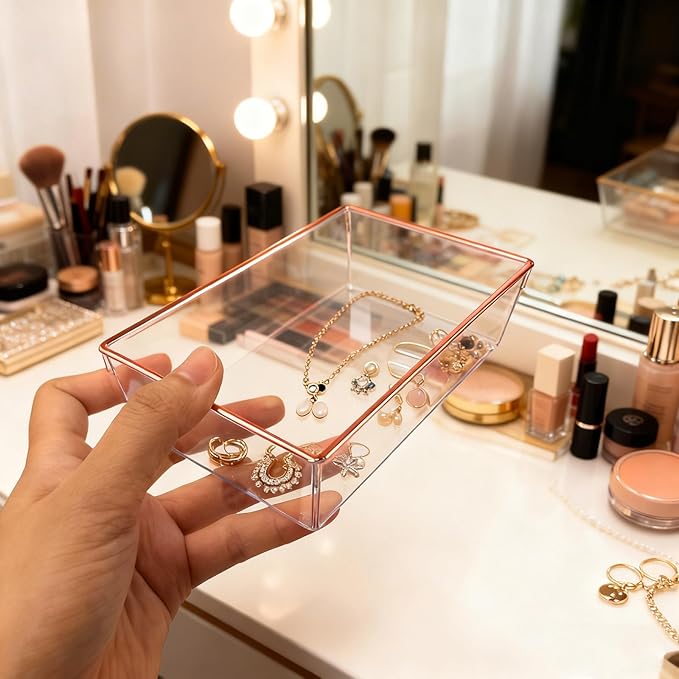 12 Pack Large Size Clear Stackable Drawer Organizer Trays, Rose Gold Rim Makeup Drawer Storage Tray Divider, Desk Storage for Makeup, Jewelry, Bathroom, Stationary, Kitchen Utensils and Office Desk