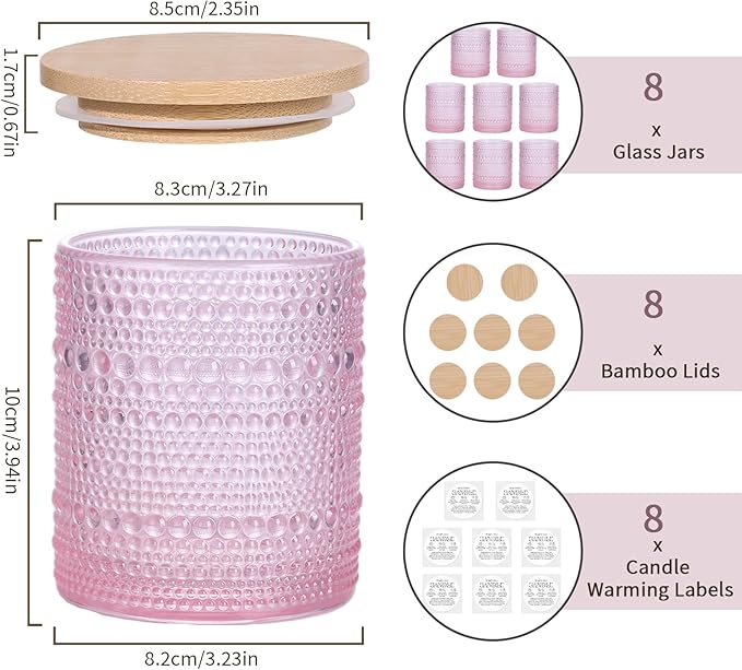 DARJEN 8 Pack Pink Candle Jars for Making Candles- 14 OZ Empty Glass Candle Making Jars with Bamboo Lids and Labels, Candle Containers Candle Making Supplies for DIY Gifts