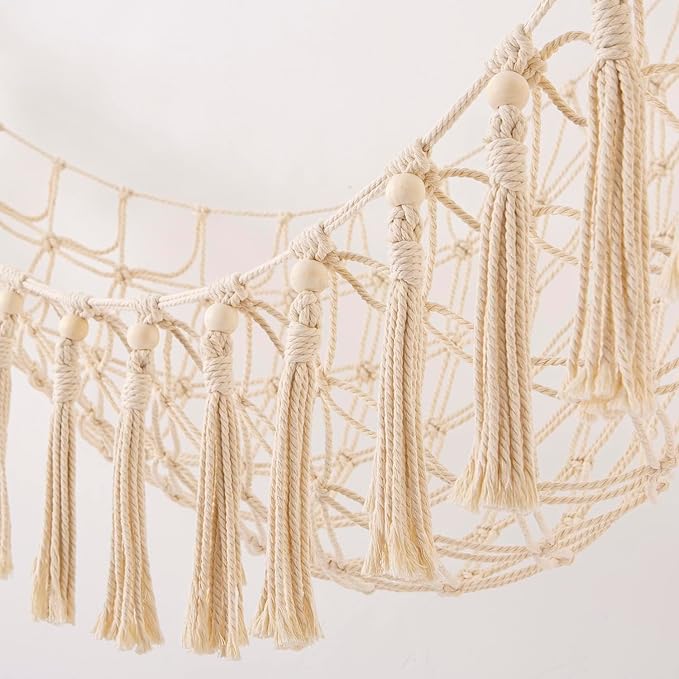 YKBU Stuffed Animals Hammock Corner Hanging Net with Wooden Beads Macrame Stuffed Animal Storage Ideas Plush Holder Toy Organizer for Boho Nursery Playroom Bedroom Kids Room Decor (cream, X-Large)