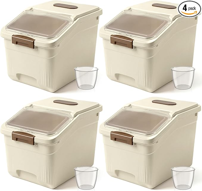 4 Pack Large Rice Storage Containers 30 Lbs Airtight Flour Container with Seal Locking Lid and Measuring Cup Kitchen Dry Food Storage Bins for Cereal Sugar Beans(Butter Yellow)