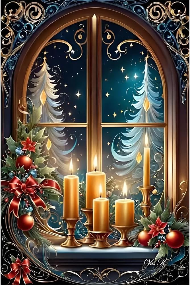 mjcakrn Christmas Diamond Art Kits for Adults, Christmas Candles Diamond Painting Kits for Adults Beginners, 5D DIY Full Drill Round Rhinestone Gem Art Crafts Paintings for Home Wall Decor 12x16 inch
