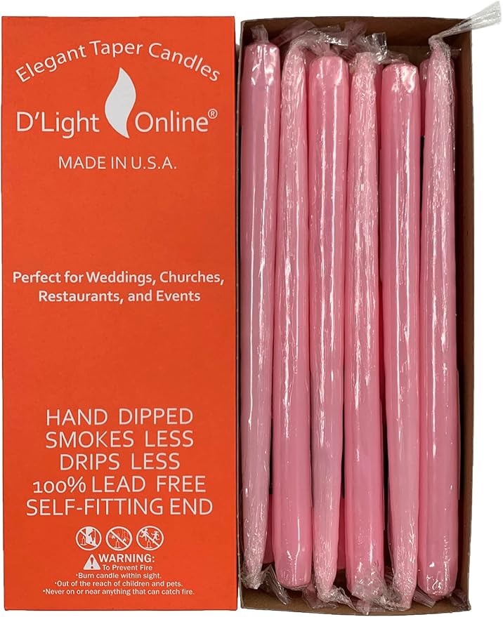 D'light Online 12" Elegant Unscented Pink Taper Candles Premium Quality Candles Hand-Dipped Tapered Candles, Dripless and Smokeless - Set of 12 Individually Wrapped (12 Inch, Pink)