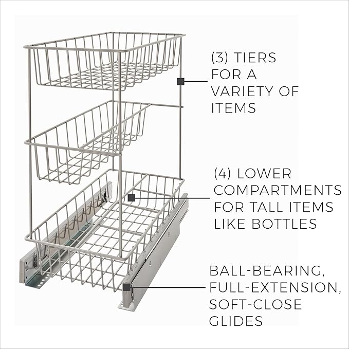 ClosetMaid 32105 Premium Wide 3-Tier Compact Kitchen Cabinet Pull-Out Basket, 8.75-Inch