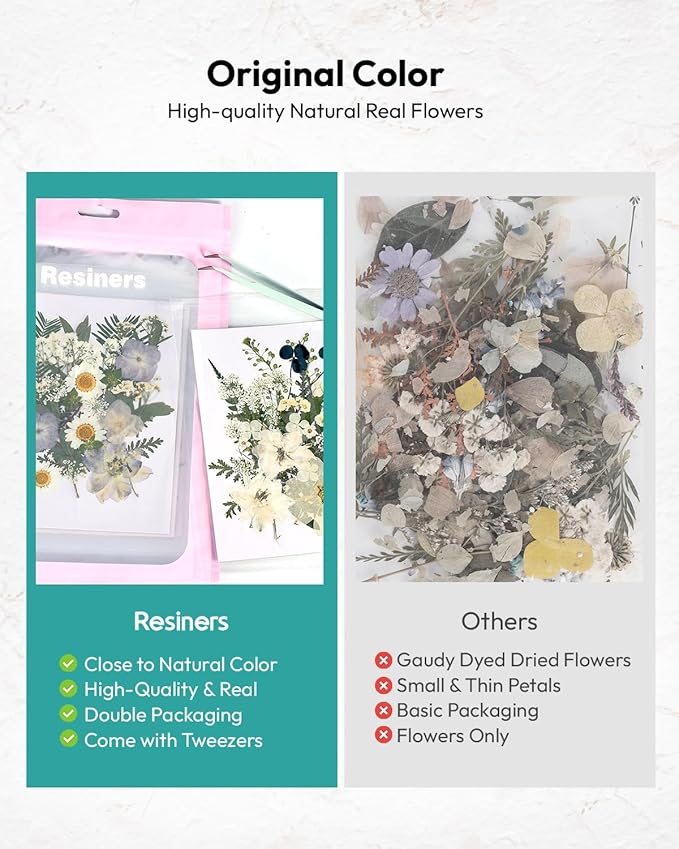 Dried Flowers, Resiners 100Pcs Pressed Flowers for Craft Whtie Real Natural Dried Flowers Dry Leaves Kit for DIY Making Crafts Resin Soap Candle Scrapbook Supplies Card Making Jewelry