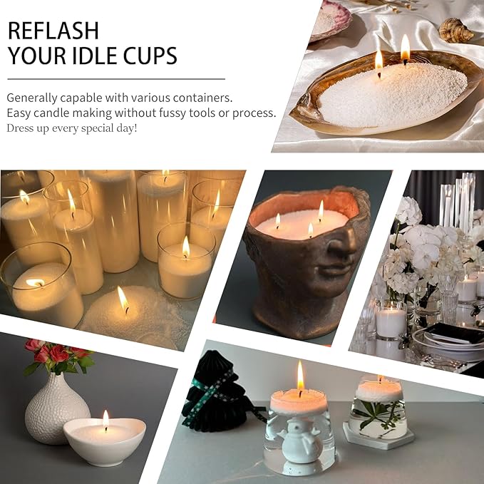 Pansyling Pearled Candle Sand Set, Refillable 1.1Lb Sand Wax, 50 X 6”Candle Wicks, Smoke Free Powder Snow Candles Sand Wax, 120 Hours Burning Time DIY Candle Making Kit, White